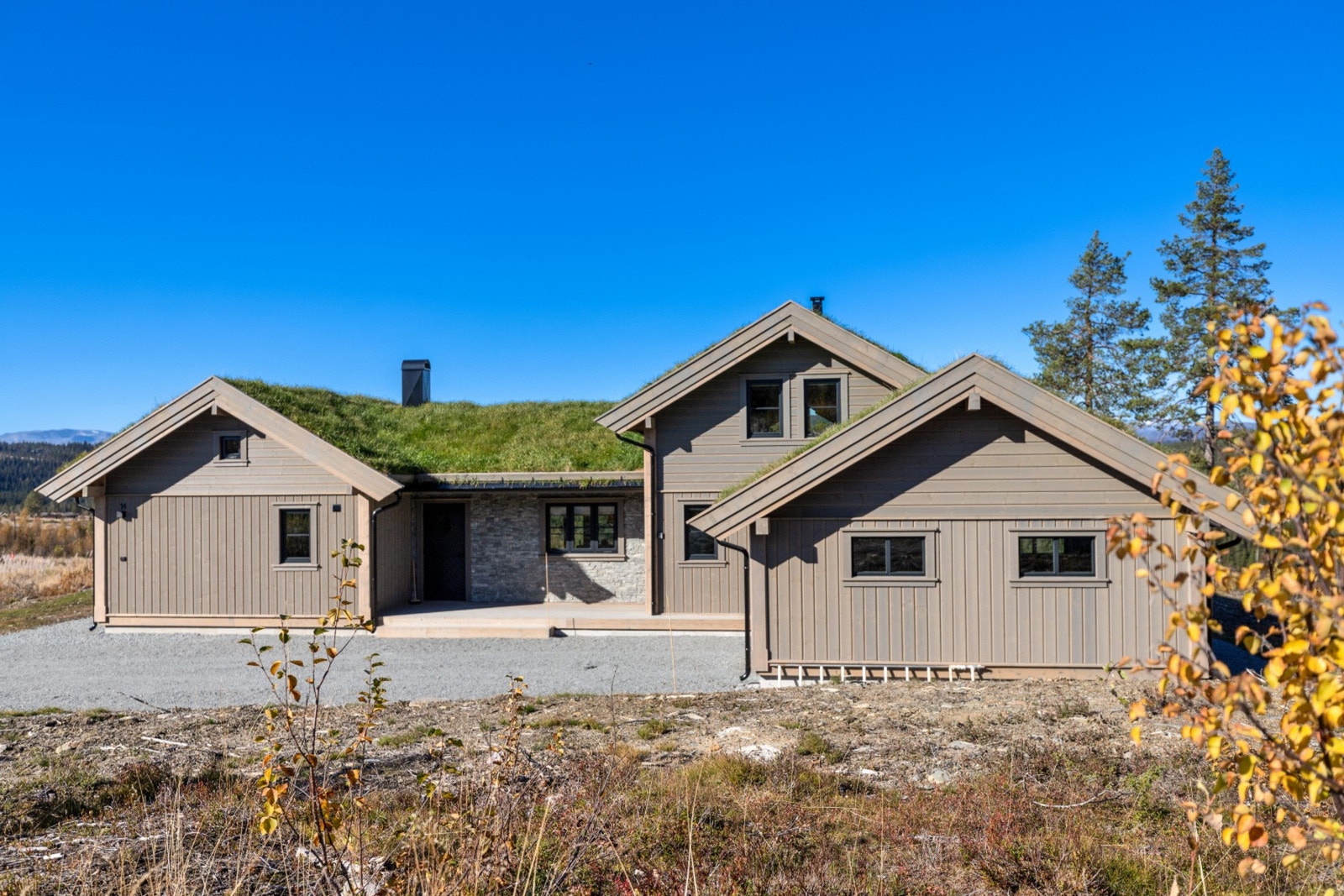 Inngangspartiet oppleves tiltalende med en stilfull steinbelagt vegg som gir fasaden et eksklusivt preg Galleribilde