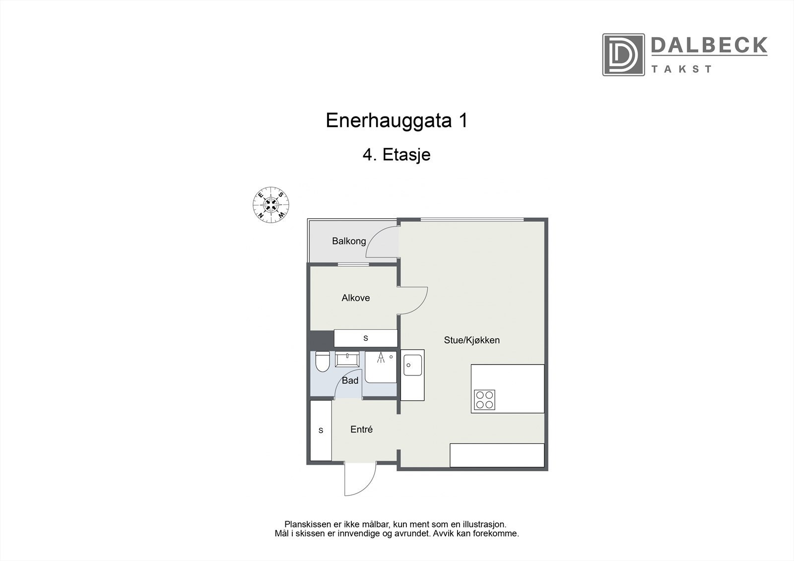 Plantegning. Leiligeheten er 34 kvm BRA-i. I tillegg disponerer leiligheten en kjellerbod på ca. 2 kvm. Galleribilde
