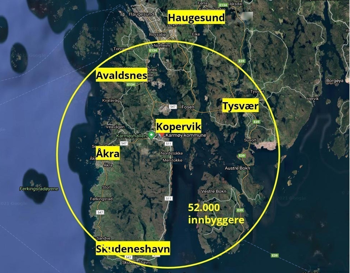 Karmøy har 52.000 innbyggere innen 30 min kjøreavstand.
Kopervik (12000) er regionssenter i Karmøy kommune, og ligger ca. 25 km sør for Haugesund. I tillegg finnes tettstedene Skudeneshavn (3000), Åkra (8000), Avaldsnes (3000) og Norheim (5500). Nabokommu Galleribilde
