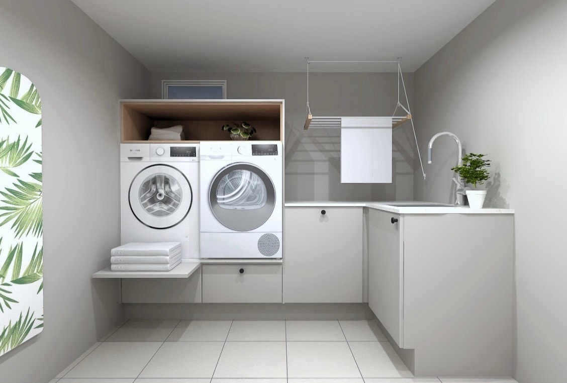 NB avbildet forslag til vaskerom. Dette kan ses på visning - selger har kjøpt innredning som medfølger med kjøper står for montering. Se vedlegg i salgsoppgave. Hvitevarer medfølger ikke, det er selve kabinettene. Galleribilde