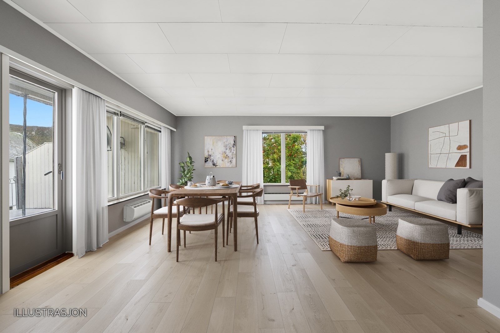 Bildet viser et mulig uttrykk for hvordan stuen kan innredes og oppleves etter oppussing eller møblering. Her får du et glimt av rommets potensial - med naturlig lysinnslipp og en åpen, innbydende atmosfære. Galleribilde