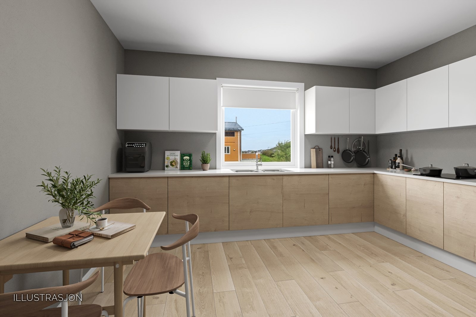 Dette er et inspirasjonsbilde som viser hvordan kjøkkenet kan se ut etter oppussing eller tilpasning. Her får du et inntrykk av mulighetene som ligger i planløsningen og rommets potensial. Galleribilde