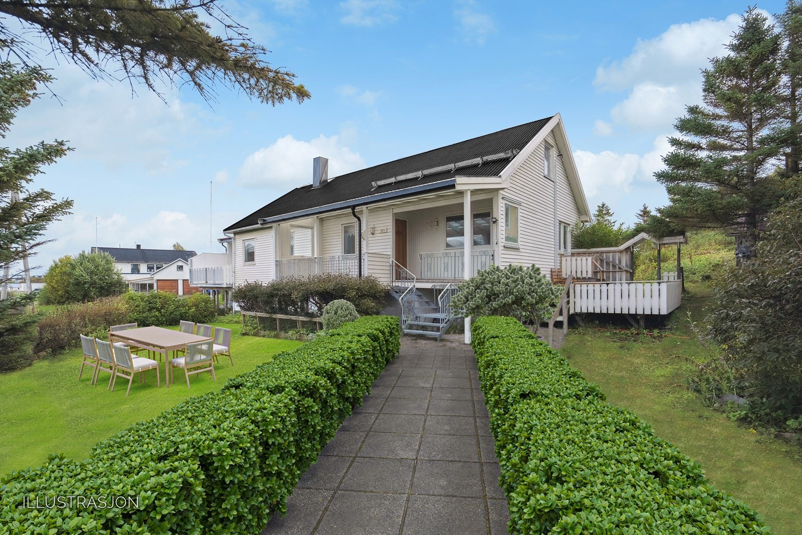 Dette illustrasjonsbildet gir deg et glimt av mulighetene. Ny fasade, stilrene detaljer og en hage som inviterer til både avslapning og sosiale sammenkomster. La deg inspirere - ditt oppgraderte hjem kan bli akkurat slik du ønsker det. Galleribilde