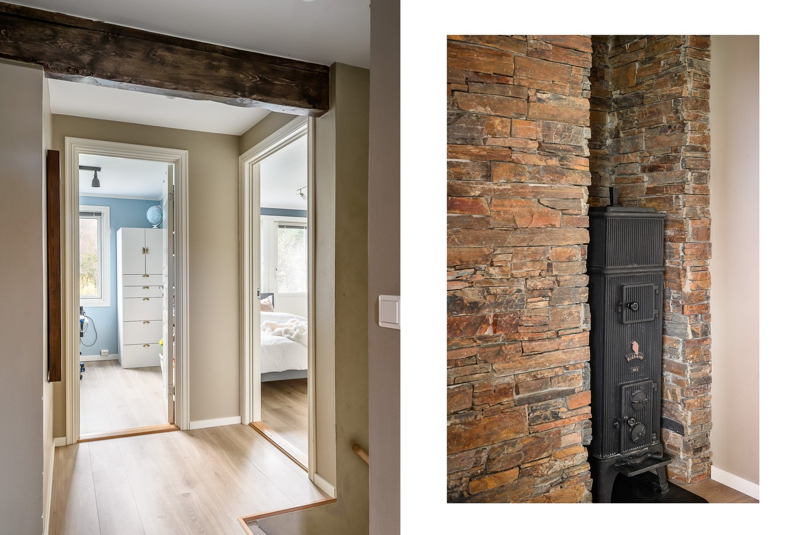 Vedovn i trappegangen gir ekstra varme og et rustikt preg. Galleribilde