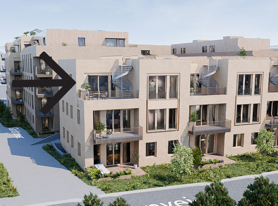 Leiligheten har direkte adkomst opp til privat takterrase - Fasade sett fra vest Galleribilde