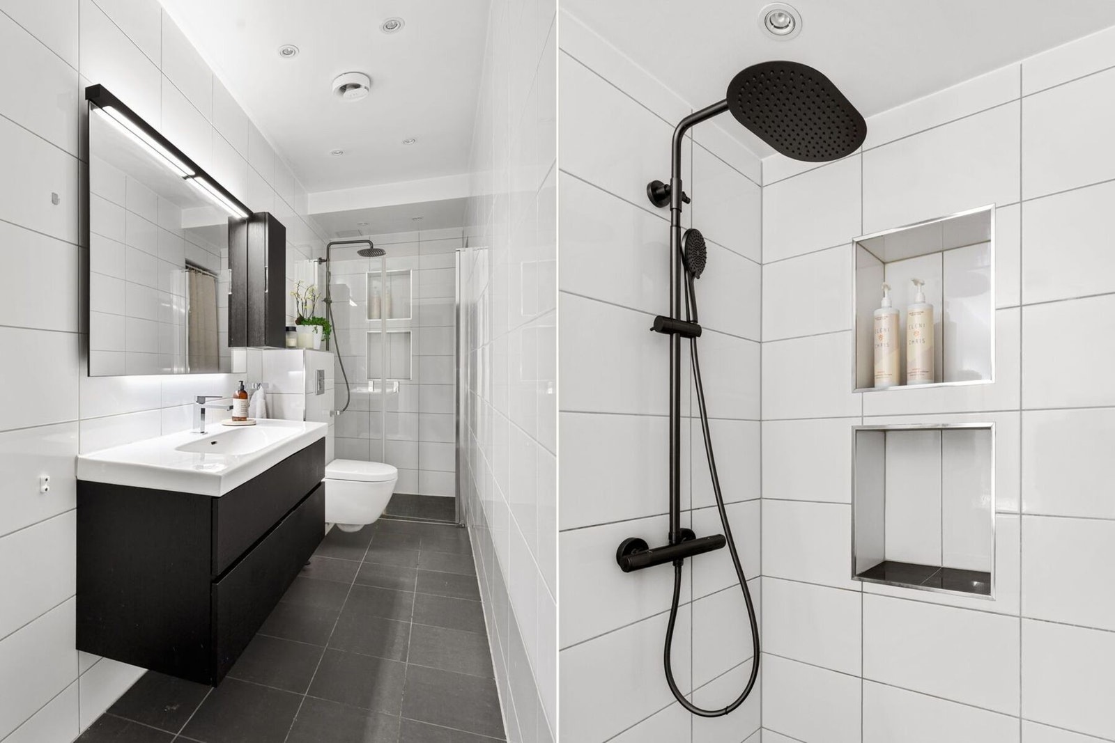 Badet er utstyrt med vegghengt heldekkende servant med servantinnredning med slette skuffefronter, dusjsone med innfellbare glassdører tilkoblet regndusj og hånddusj samt vegghengt toalett. Dusjarmatur ble oppgradert I 2024. Galleribilde