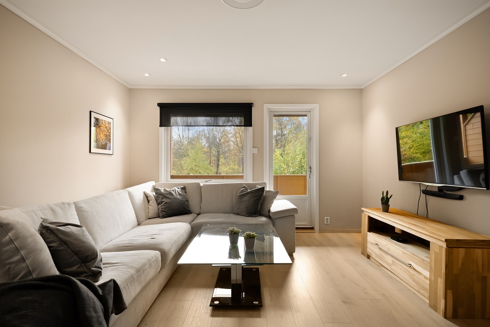 Rommet har plass til både sofagruppe, TV-benk og et spisebord Galleribilde