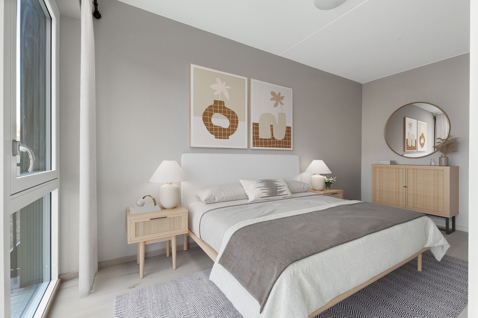 Leiligheten har to meget tiltalende soverom, av samme gode kvalitet og standard som resten av leiligheten. Her fra hovedsoverom, med god plass til dobbeltseng. Bildet er digitalt stylet. Galleribilde