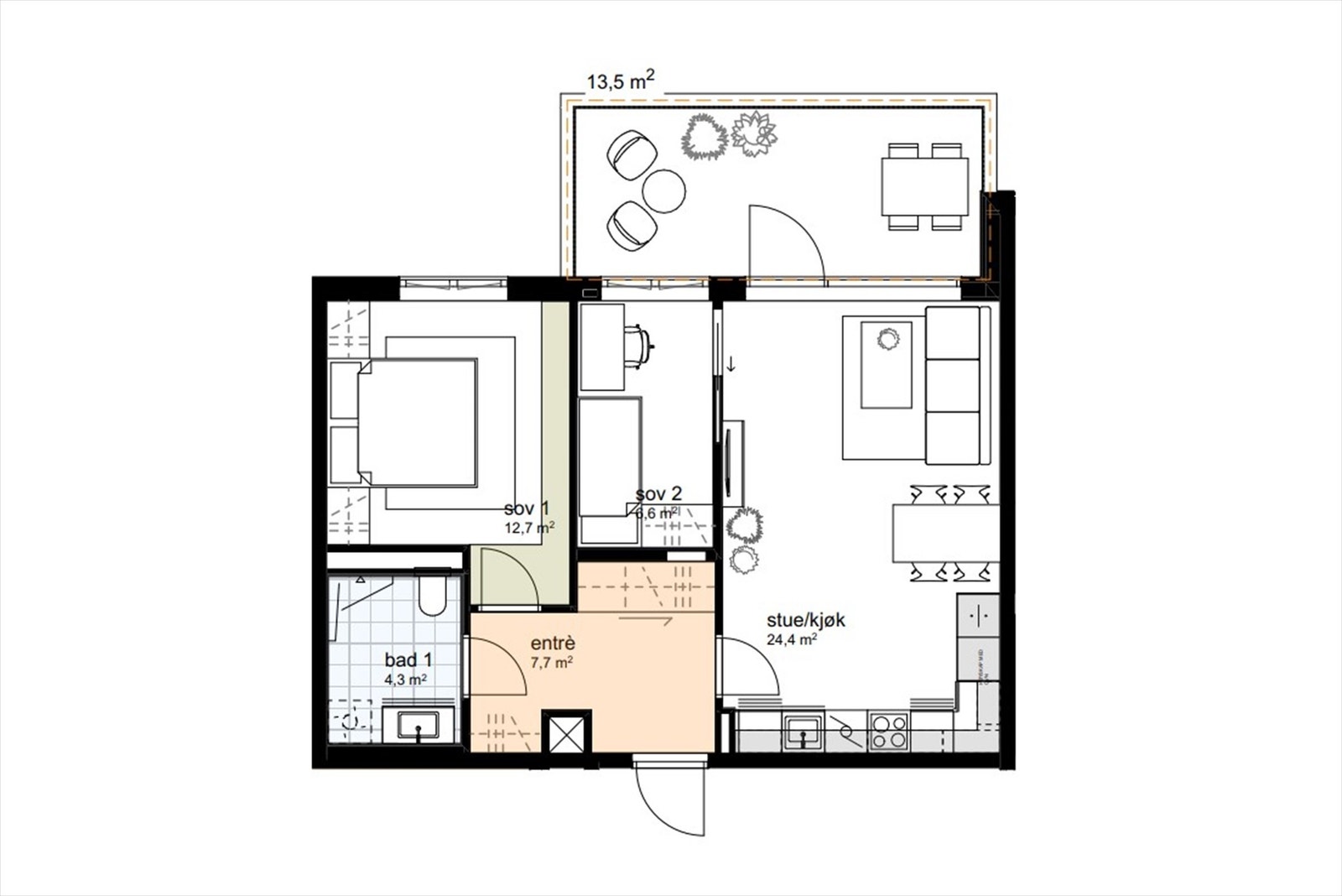Plantegning fra Utbygger. Det medfølger også kjellerbod på ca. 5 m². Galleribilde