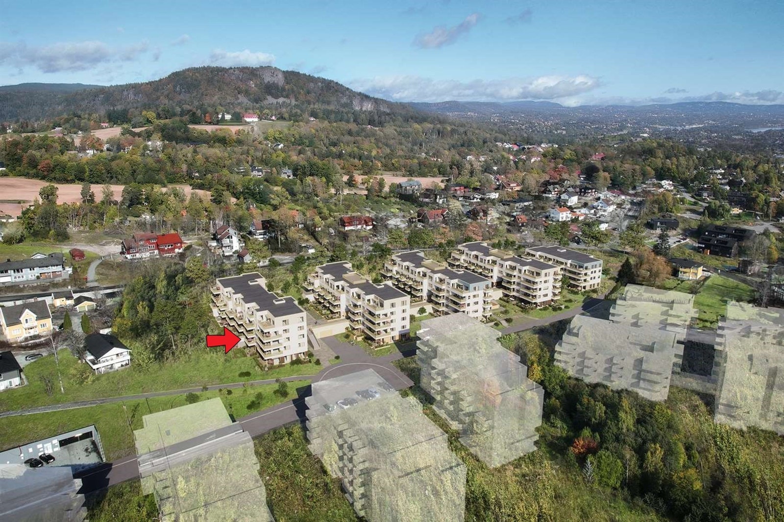 Områdeplan illustrert | Det planlegges etablert til sammen 143 boliger fordelt på 5 hus, A1 - A5. Landås skal over tid bygges ut med ytterligere 3 felt og vil til sammen bestå av omtrent 650 boliger når alt er bygget ut. Avvik kan forekomme. Galleribilde