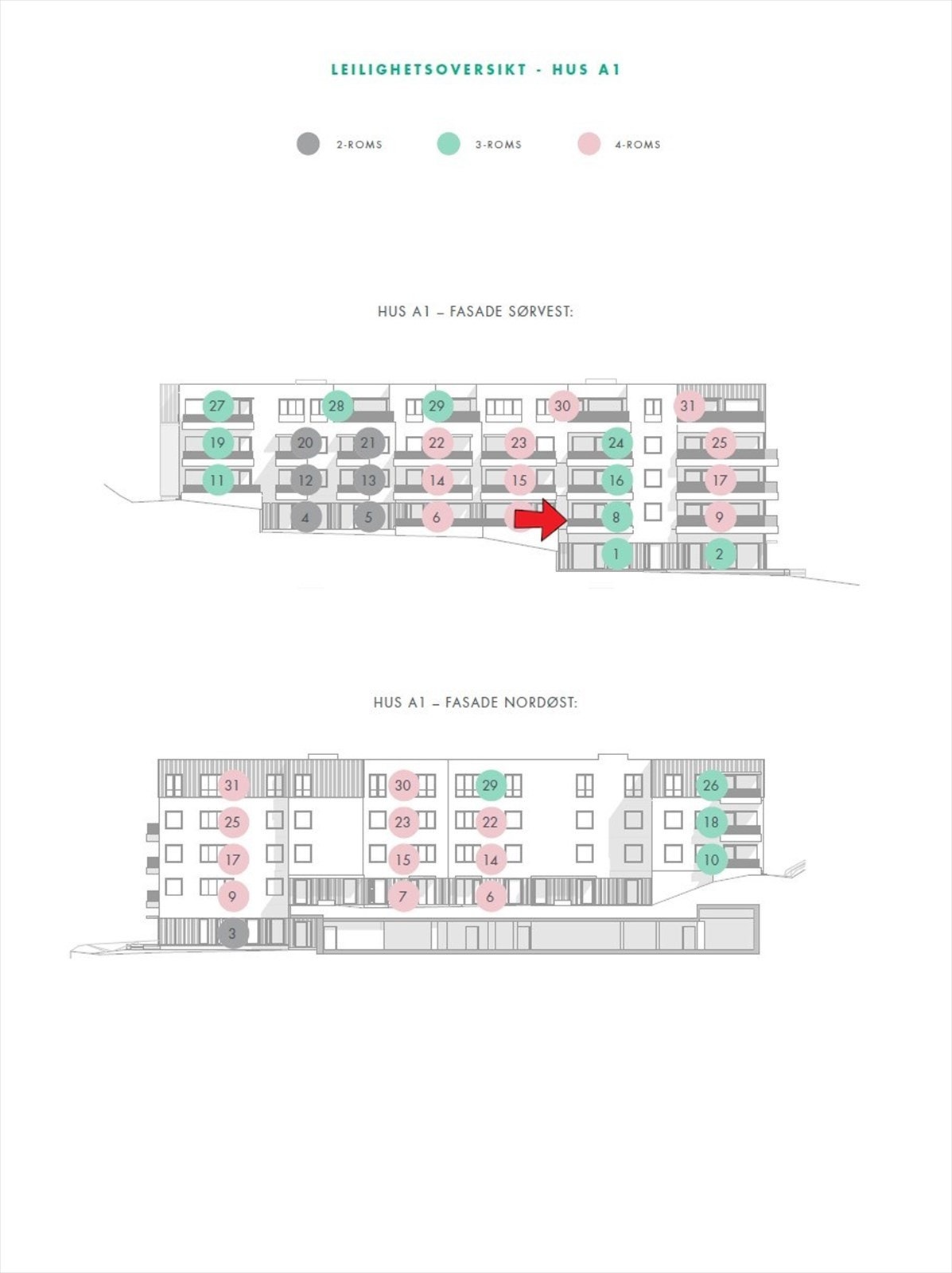 Illustrasjon av fasade med markering av beliggenhet. Avvik kan forekomme. Galleribilde