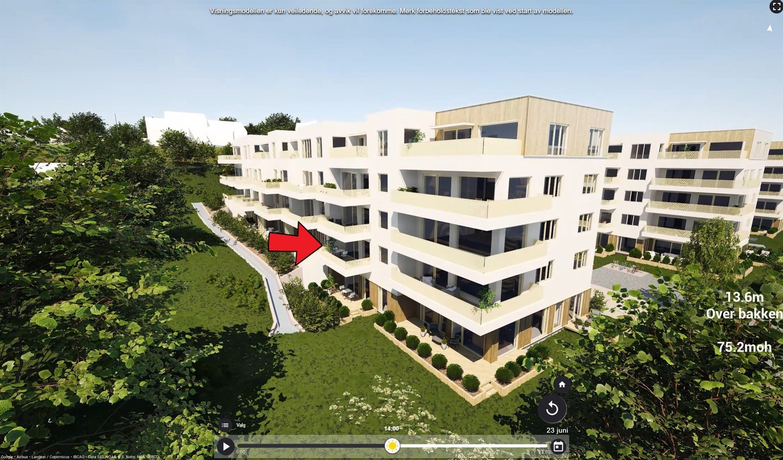 Illustrasjon | Fasade med markering av beliggenhet. Avvik kan forekomme. Galleribilde