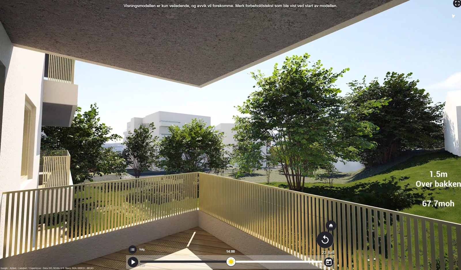 Illustrasjon | Utsikt fra den sørvestvendte balkongen på ca. 13,5 m². Avvik kan forekomme. Galleribilde