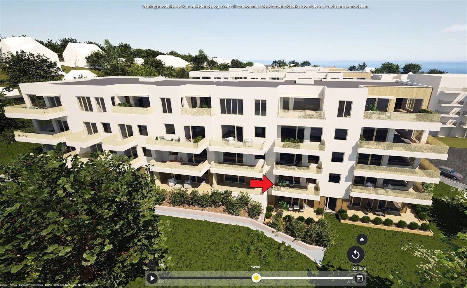 Illustrasjon | Fasade med markering av beliggenhet. Avvik kan forekomme. Galleribilde