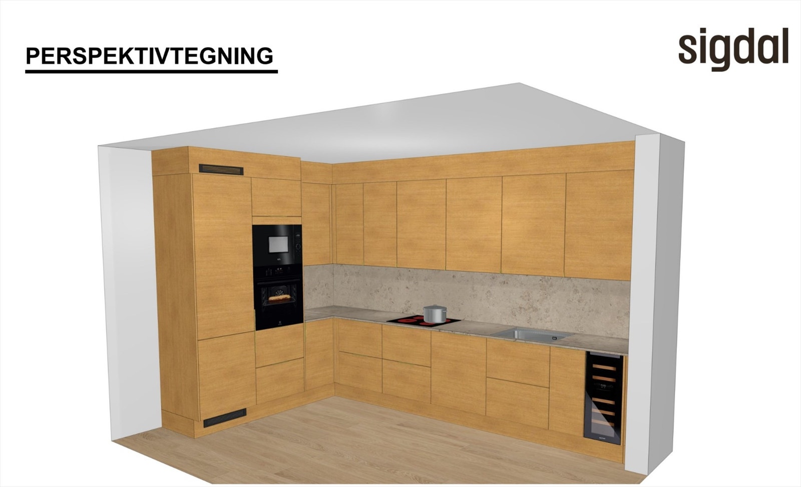 Illustrasjon kjøkken | Leiligheten leveres med et påkostet kjøkken fra Sigdal. Integrerte hvitevarer medfølger. Avvik kan forekomme. Galleribilde