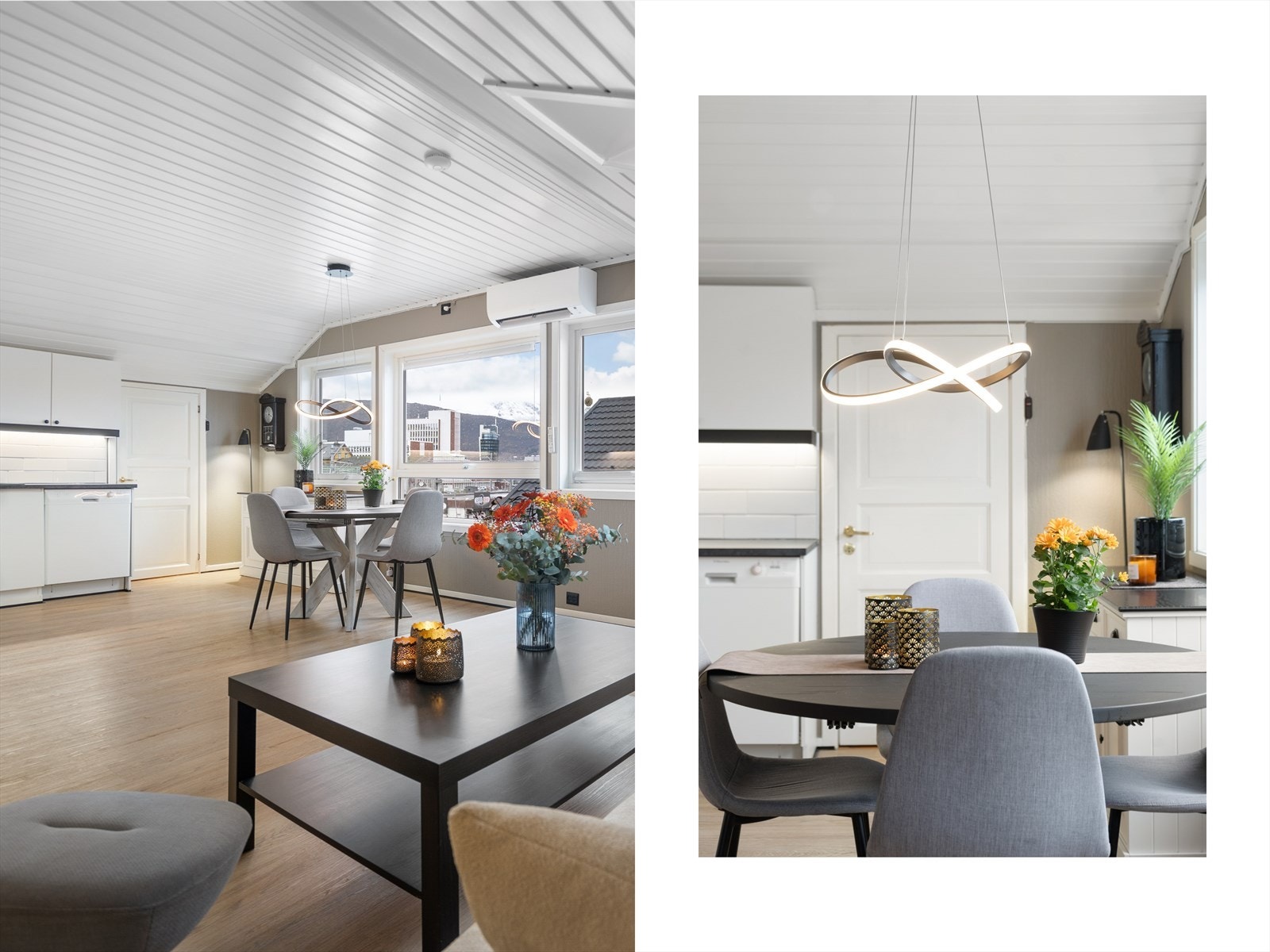 Lys og trivelig spiseplass med moderne belysning og utsyn over nærområdet - perfekt for både hverdagsmåltider og sosiale sammenkomster Galleribilde