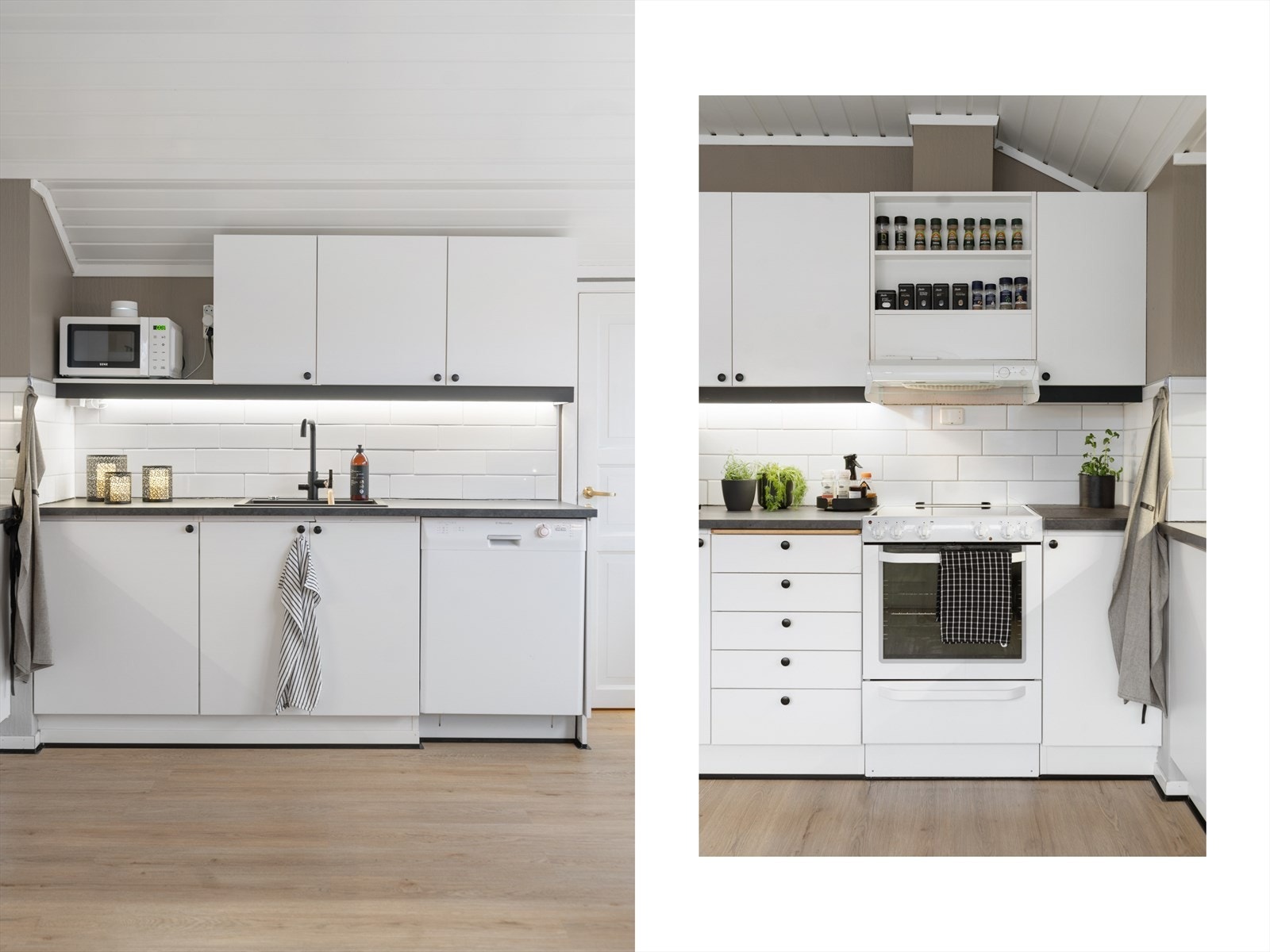 Overskapene gir rikelig oppbevaringsplass, mens åpne hyller tilfører et personlig preg Galleribilde