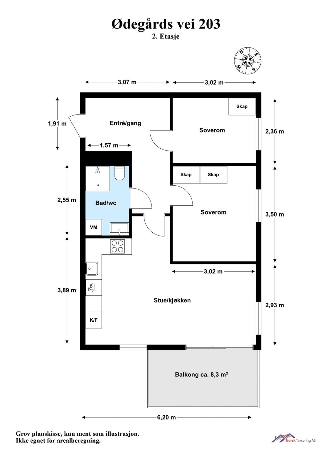 Leiligheten ligger i byggets 2. etasje og er en del av et moderne boligkompleks oppført i 2023, bestående av fire etasjer samt underetasje. Leiligheten har et areal på 55 kvm BRA-i, og inneholder entré/gang, bad, to soverom, stue og kjøkken. Galleribilde