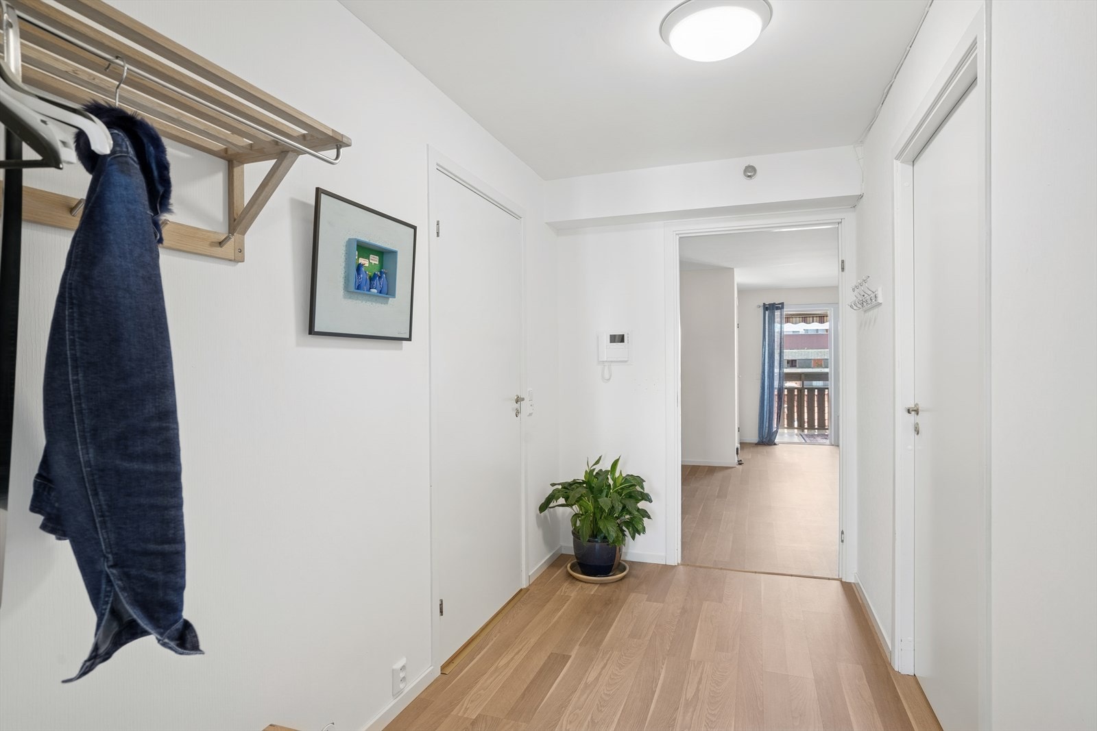 Man kommer inn i leiligheten fra heis og felles gang, til en entré med god plass til sko og yttertøy. Til venstre ligger badet, og til høyre er kjøkkenet. Galleribilde
