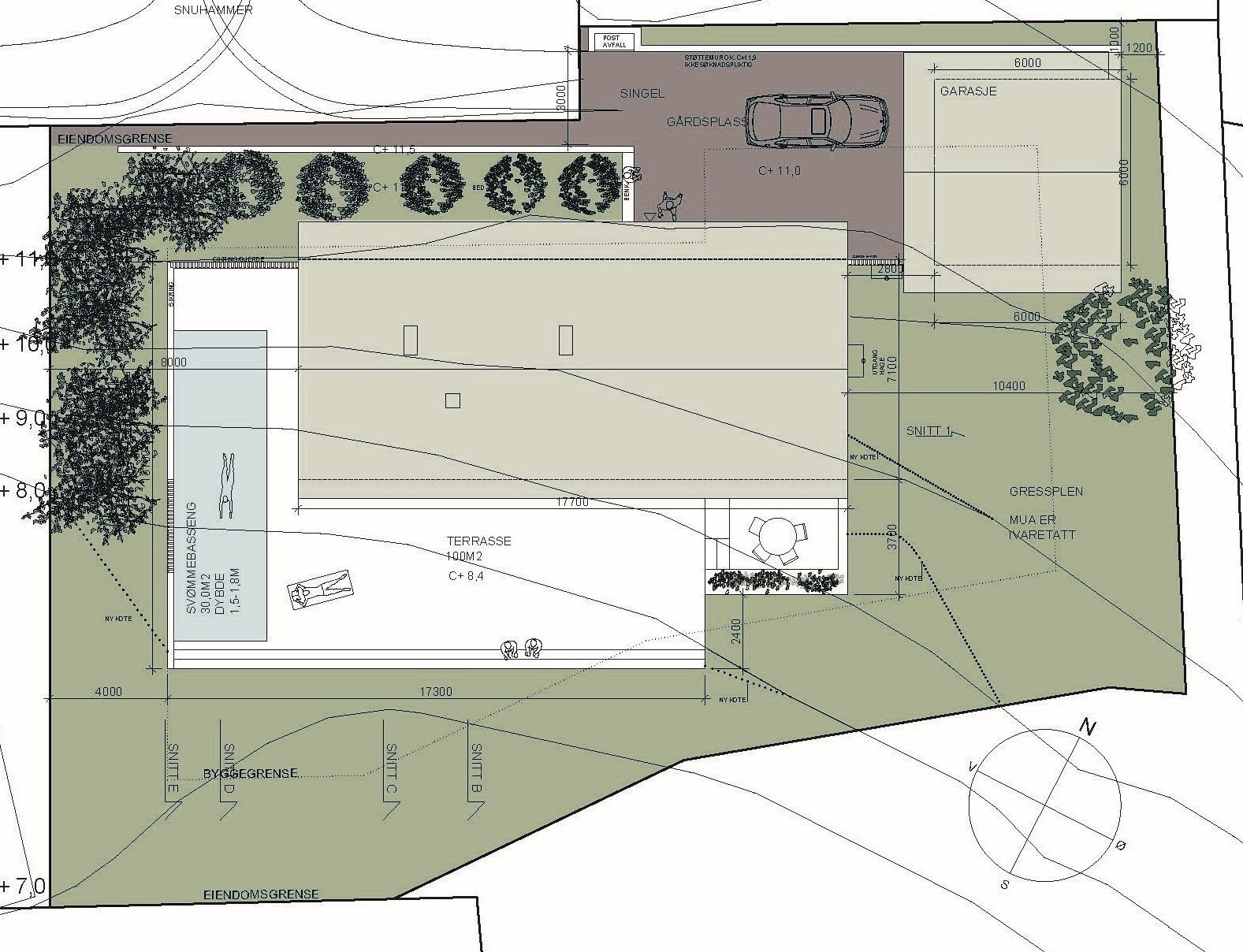 Det foreligger rammetillatelse fra juni 2025 for oppføring av nybygg enebolig med garasje og svømmebasseng. Galleribilde