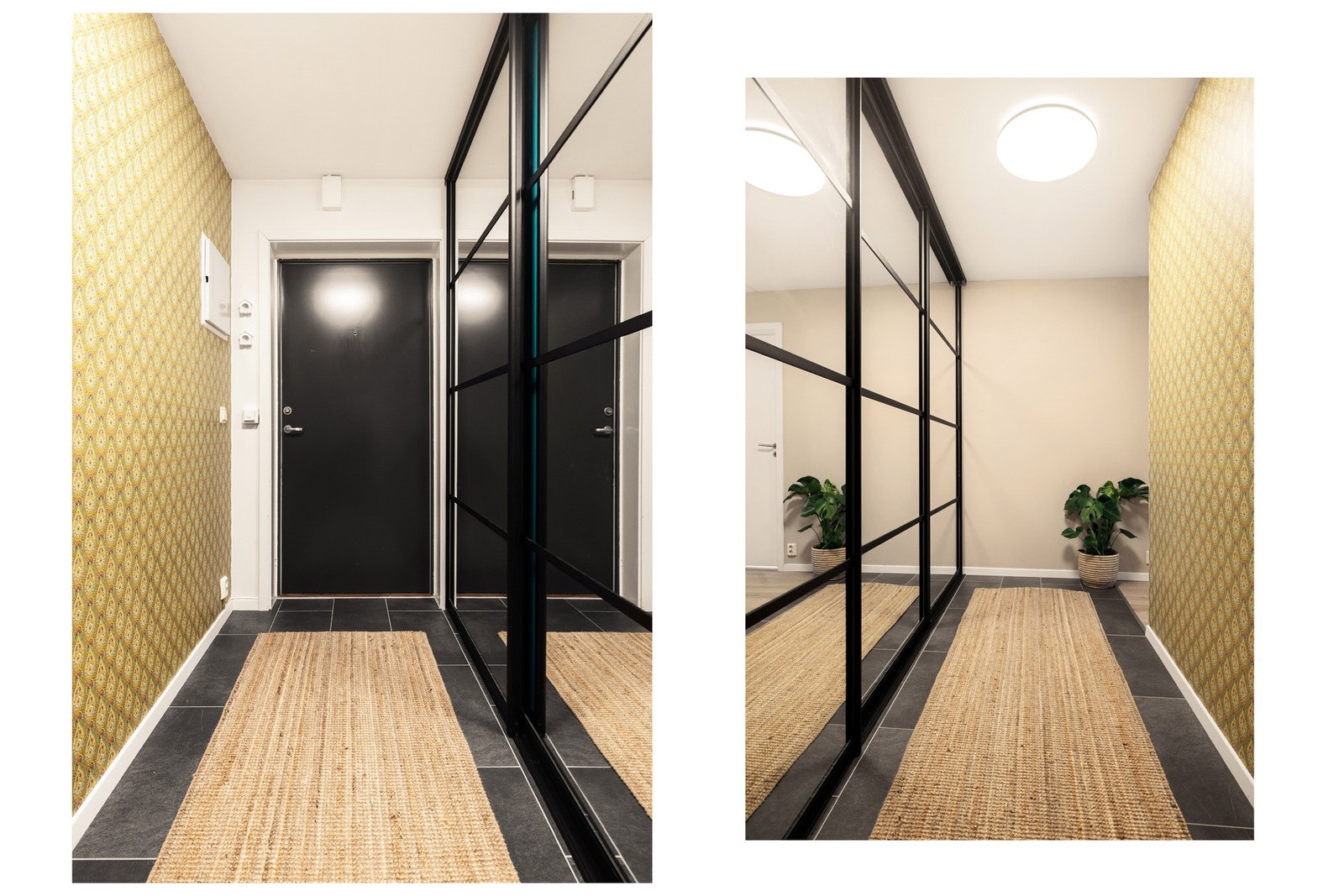 Flott entré med flislagt gulv. Her kan man fint henge fra seg jakker, plassere sko og mer i det store skyvedørsskapet. Galleribilde