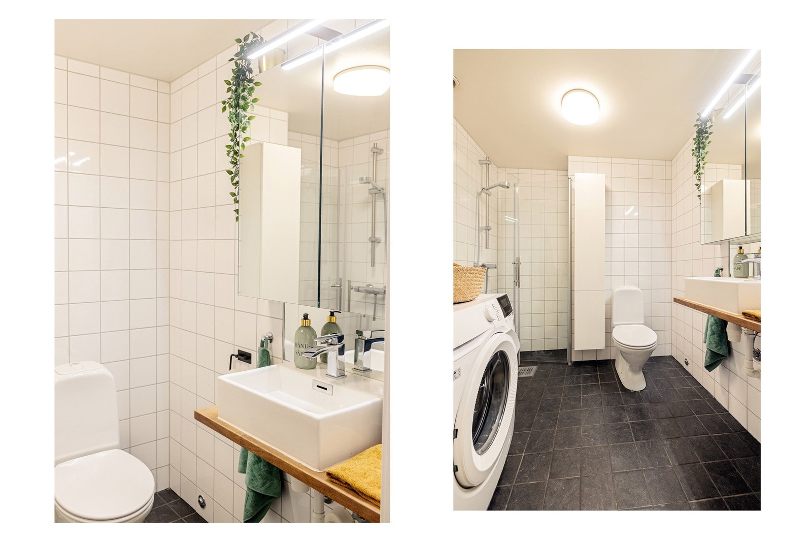 Badet er utstyrt med servant, dusjhjørne med innfellbare glassdører, servant, speil, varme i gulv og opplegg for vaskemaskin. Galleribilde