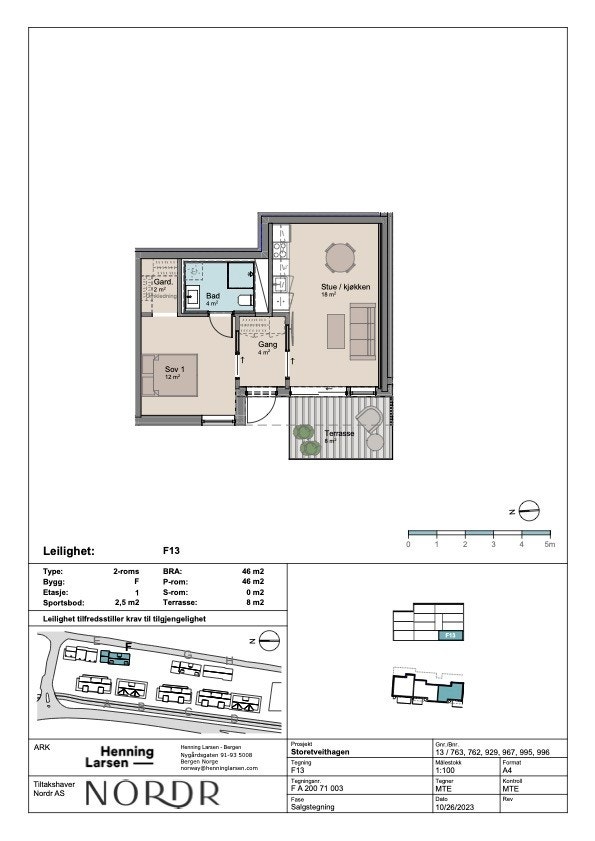 1.etg: Stue/kjøkken, soverom, gang, bad, garderobe og terrasse. Ekstern sportsbod i kjeller. Galleribilde
