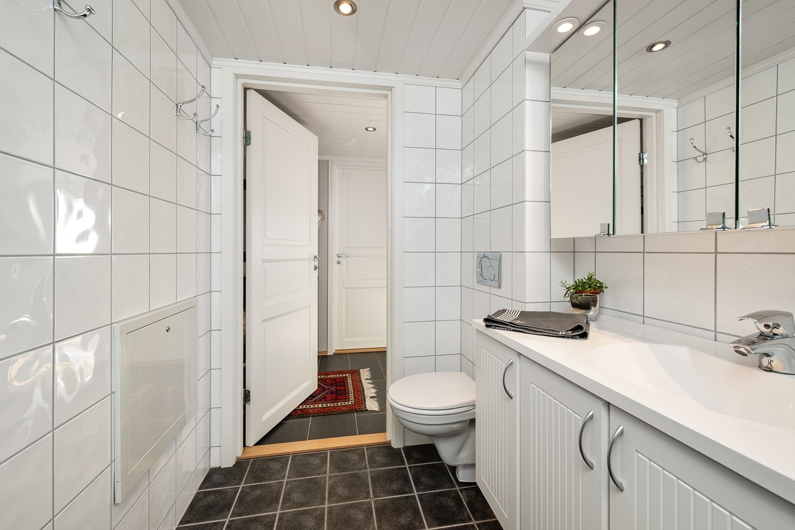 Servantinnredning med skap for oppbevaring. I tillegg dusjhjørne og wc. Galleribilde