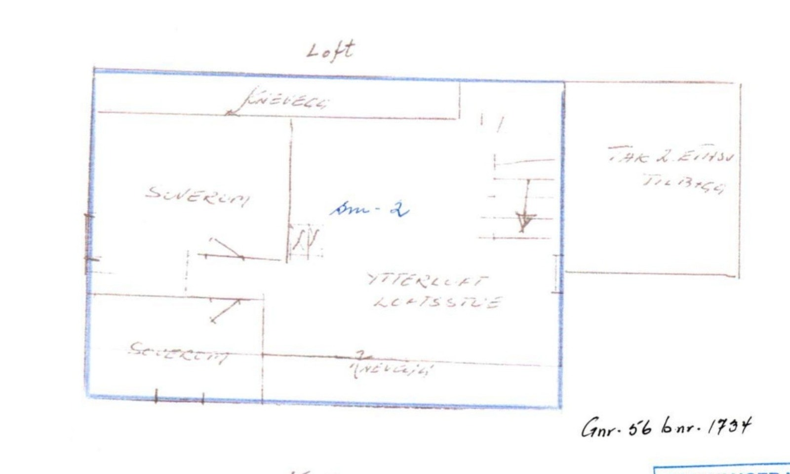 Plantegning loft fra seksjonering. (Ikke godkjent byggetegning.) Galleribilde