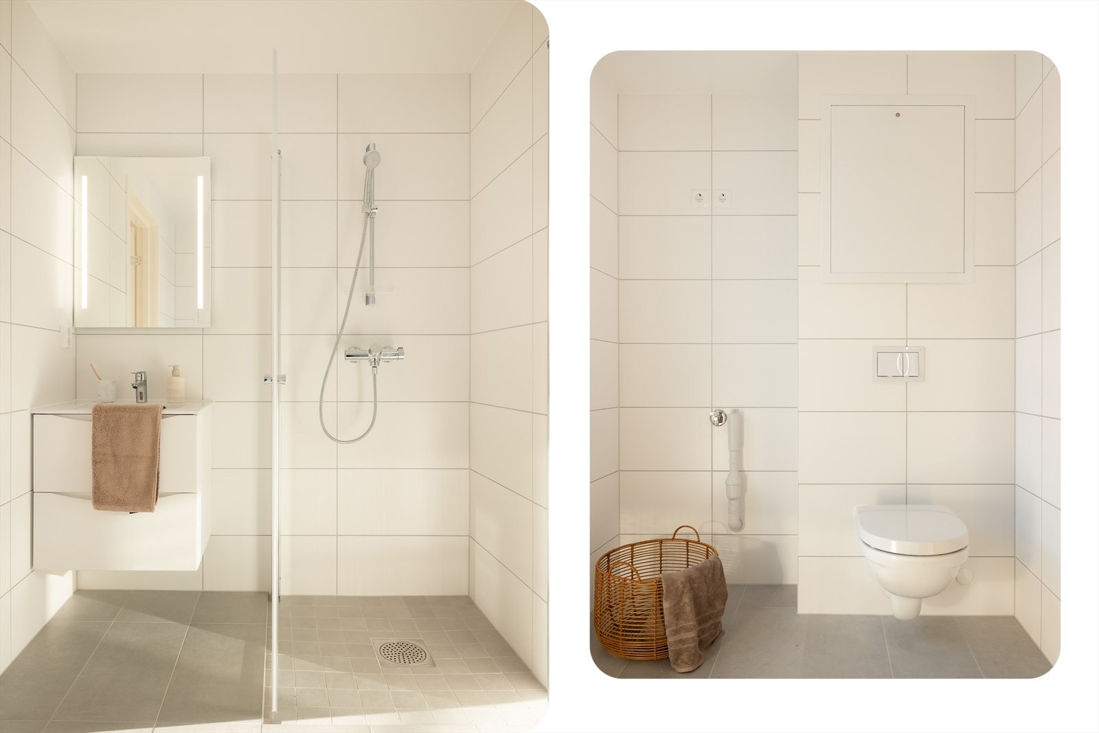 Det er utstyrt med dusjvegger, moderne dusjarmatur, servant med tilhørende armatur, integrerte downlights i taket, baderomsmøbel med speil, vegghengt toalett samt opplegg for vaskemaskin og tørketrommel. Baderomsmøblene er fra Viking Bad. Galleribilde