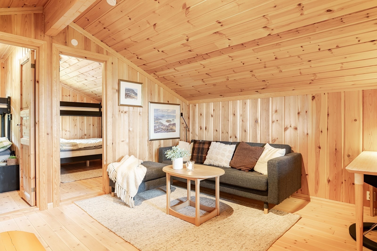 Stuen er innredet med møbler som sofa, puff, bord, stålampe, bokhylle og TV. Galleribilde