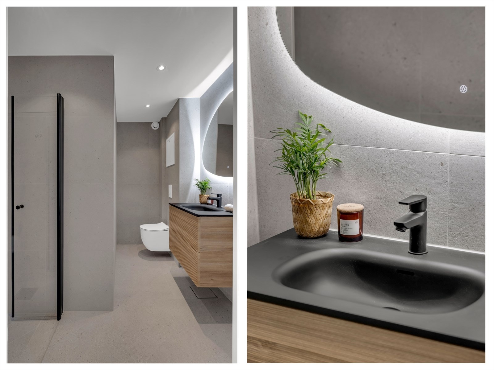 Baderomsinnredningen i trestruktur tilfører varme, mens sorte benkeplate og armaturer fullfører det stilfulle uttrykket. Et rundt speil med integrert LED-belysning gir behagelig lys. Galleribilde