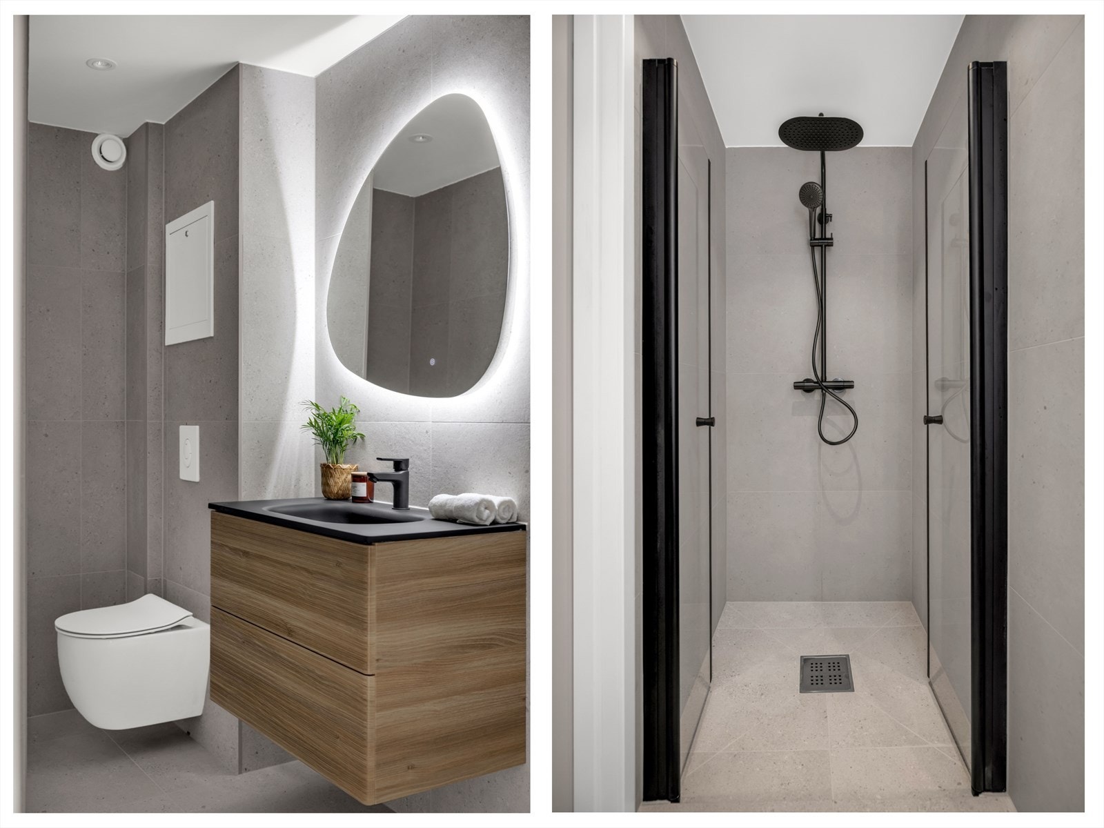 Dusjen har både waterfall-dusj og hånddusj, begge med stilrene sorte detaljer. Det er også opplegg for vaskemaskin. Galleribilde