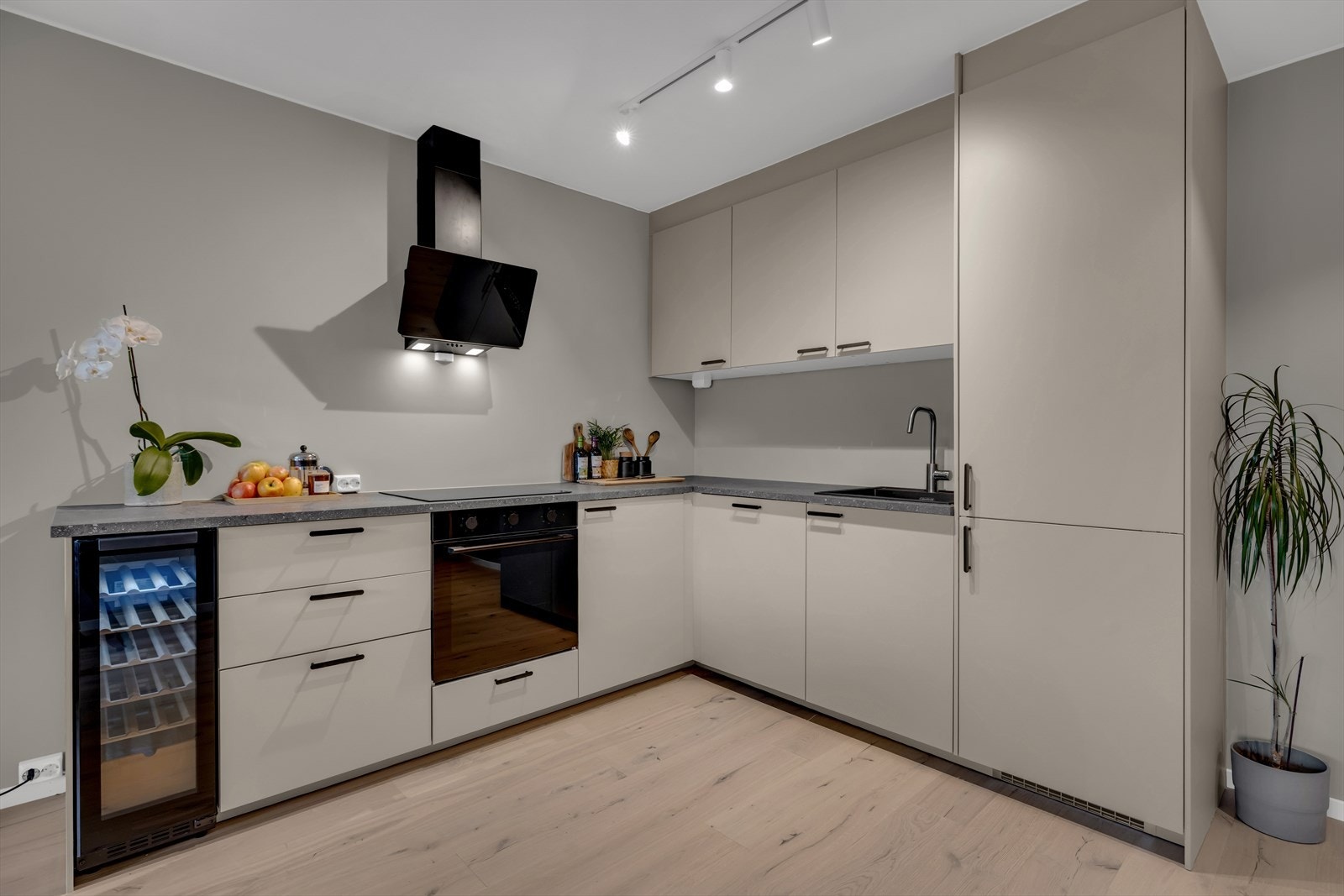 Kjøkkenet er fullt utstyrt med integrerte hvitevarer, inkludert induksjonstopp, stekeovn, oppvaskmaskin, kjøl/fryseskap og et elegant vinskap, samt sort ventilator med kullfilter. Galleribilde