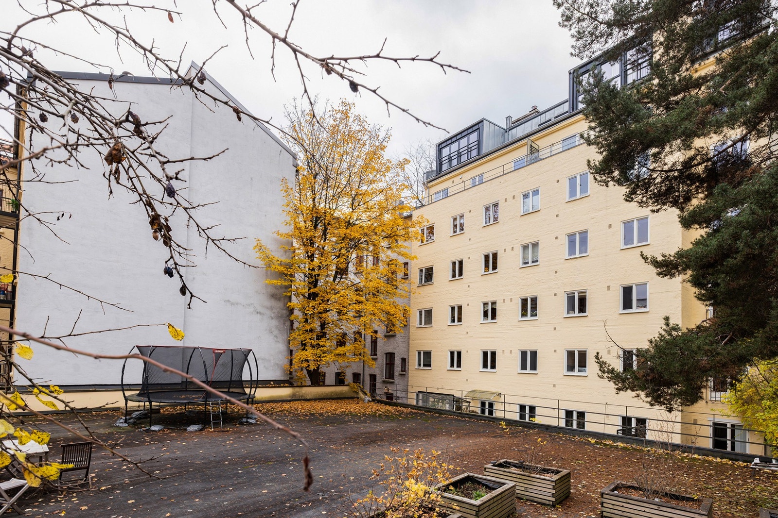 Fra bakgården - stort og skjermet uteområde. Merk at det jobbes med en plan for å transformere dette til en attraktiv bakhage. Galleribilde