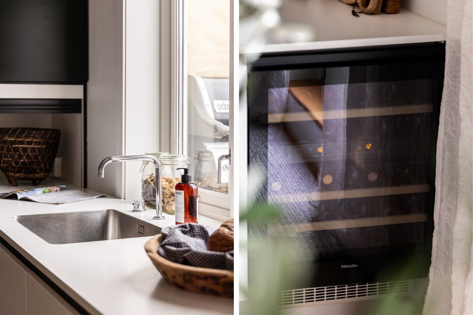 Gjennomgående bruk av Vola-armaturer i dansk design - et kvalitetsvalg som går igjen i hele leiligheten. Miele vinskap med to temperatursoner gir optimale forhold for vinlagring. Galleribilde