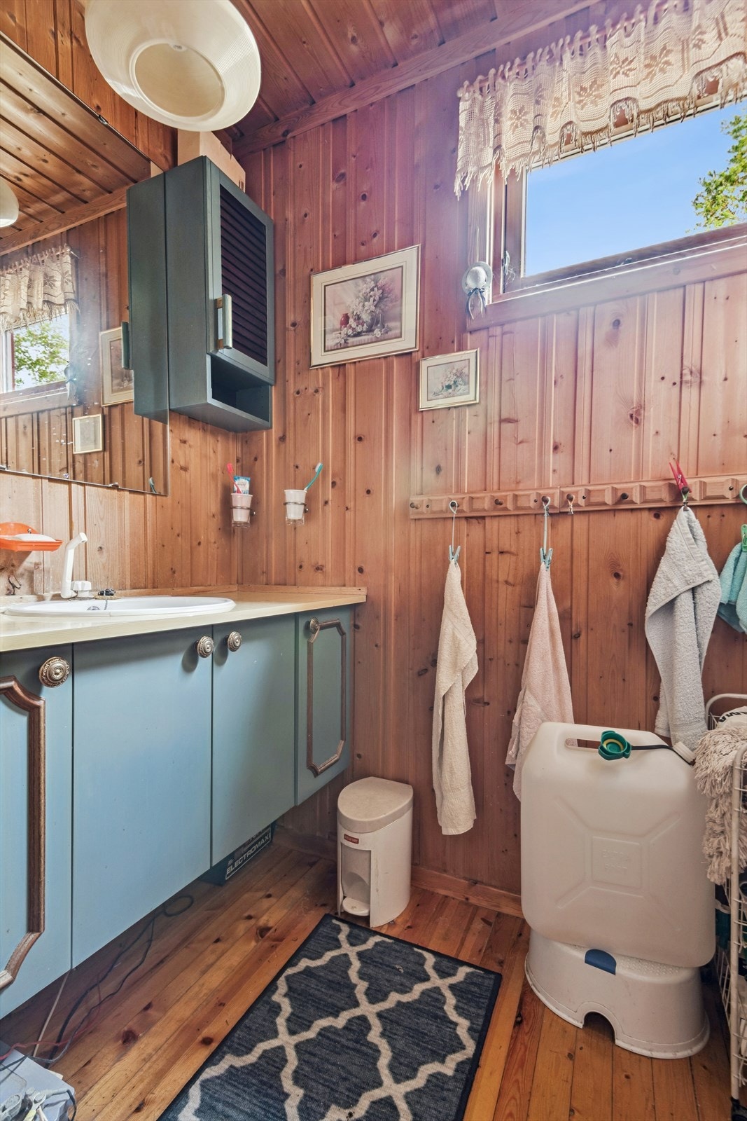 Et separat vaskerom med servant. Vann medbringes eller hentes fra felles vannpost. Galleribilde