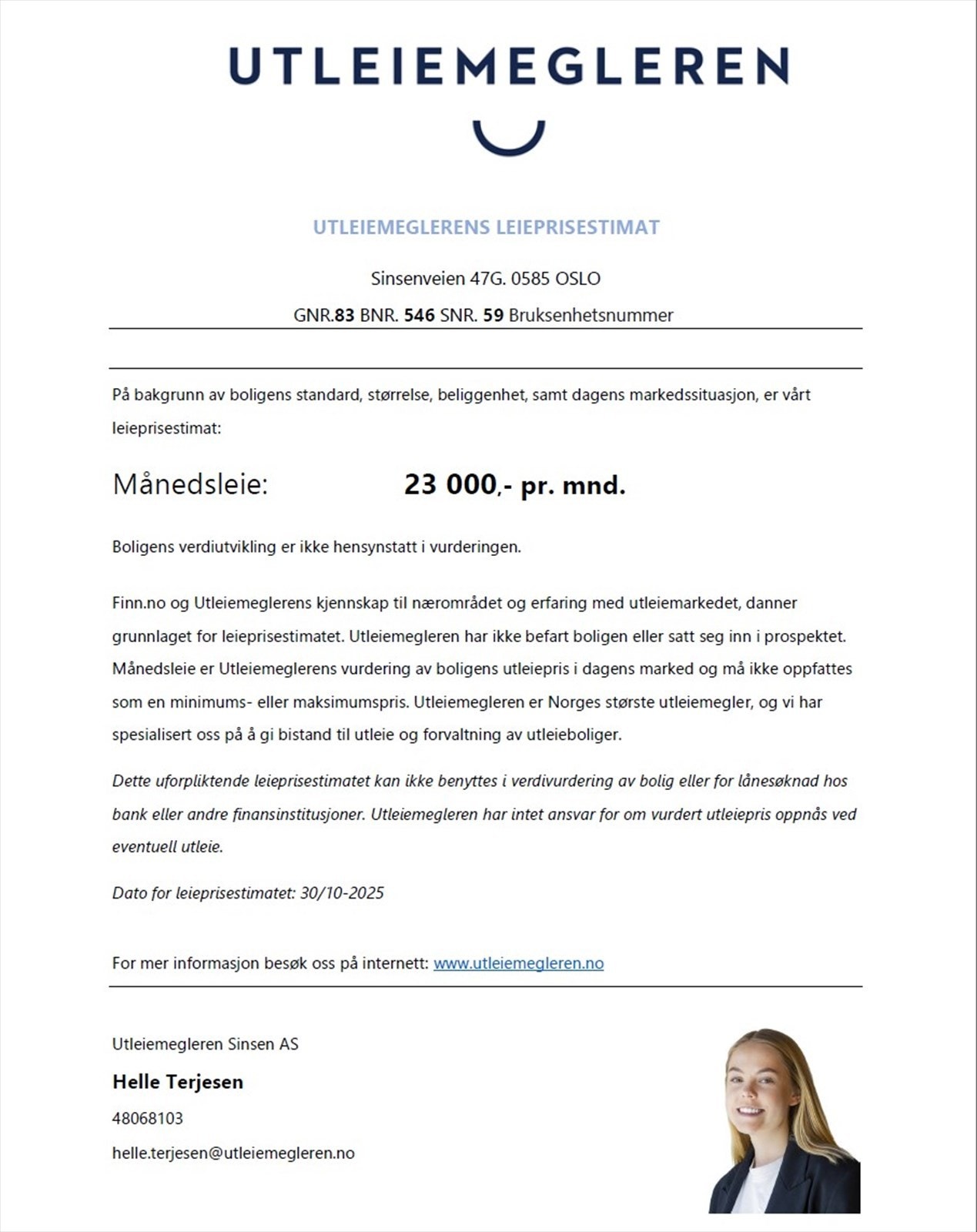 Estimat på leieinntekt fra Utleiemegleren. Galleribilde