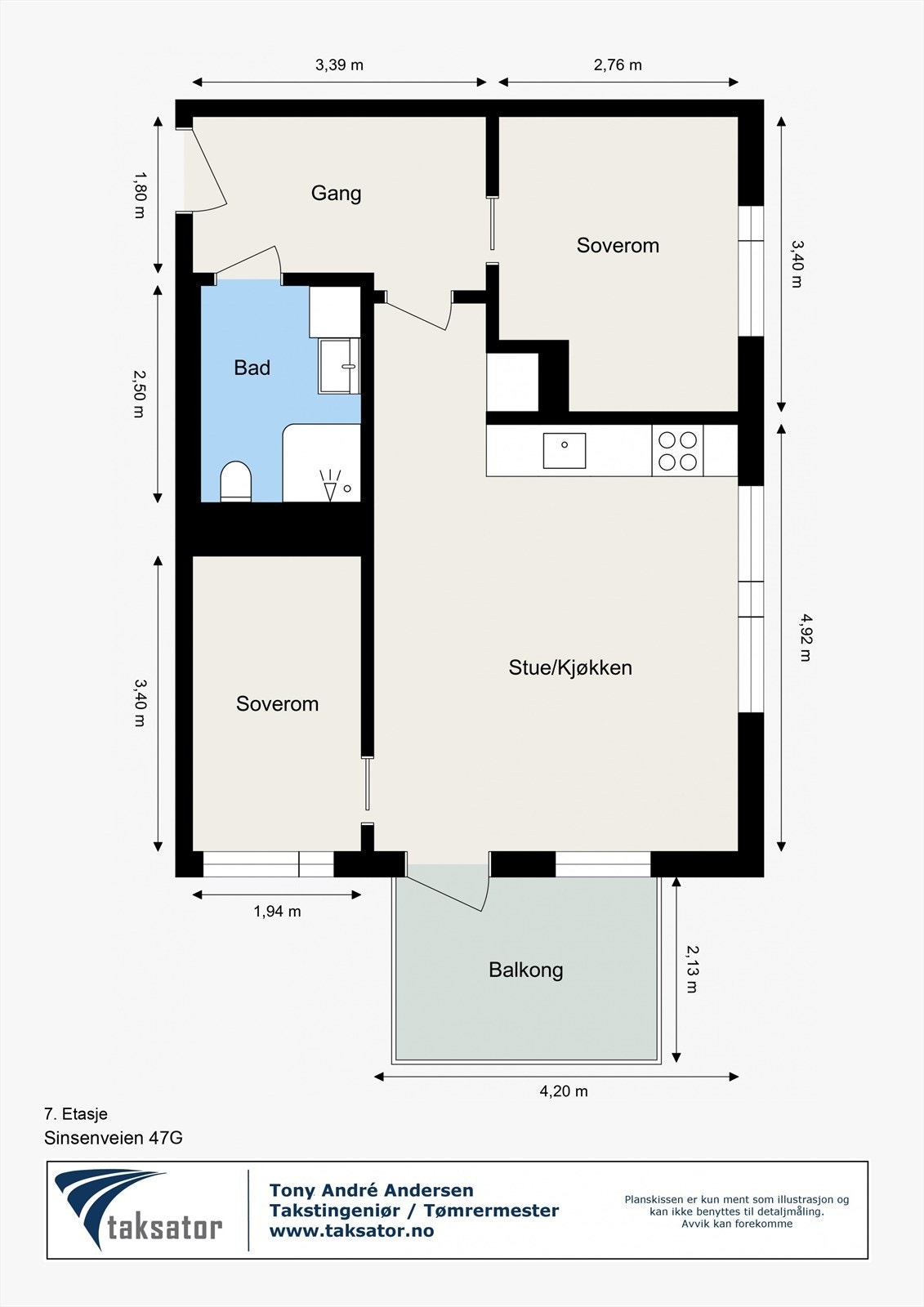 Plantegning fra takstmann. Det medfølger kjellerbod på ca. 5 m². Galleribilde