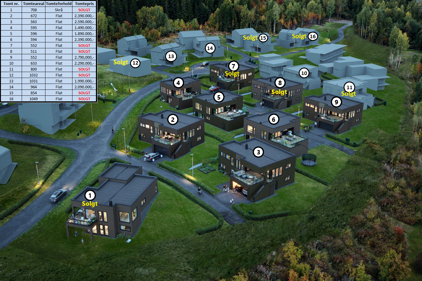 Oversikt over de frittliggende eneboligtomtene uten byggeplikt. Du velger selv hvem du ønsker skal bygge drømmeboligen din! Galleribilde