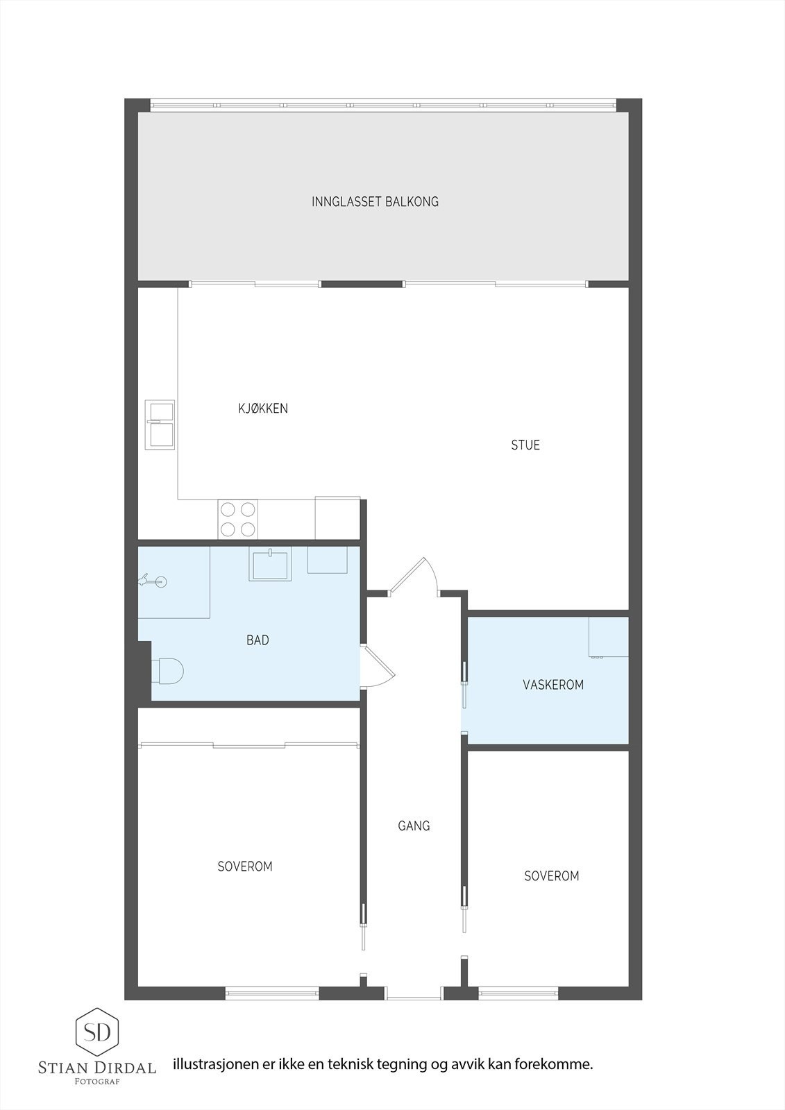 Lys og romslig leilighet med innglasset balkong, to soverom, praktisk vaskerom, åpen kjøkken/stue-løsning og moderne bad. Galleribilde