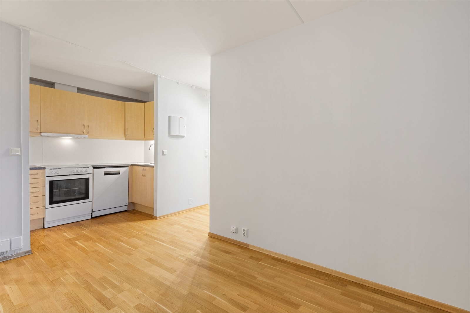 Kjøkkeninnredningen har glatte fronter og er utstyrt med integrert kjøl/frys og oppvaskmaskin. Galleribilde