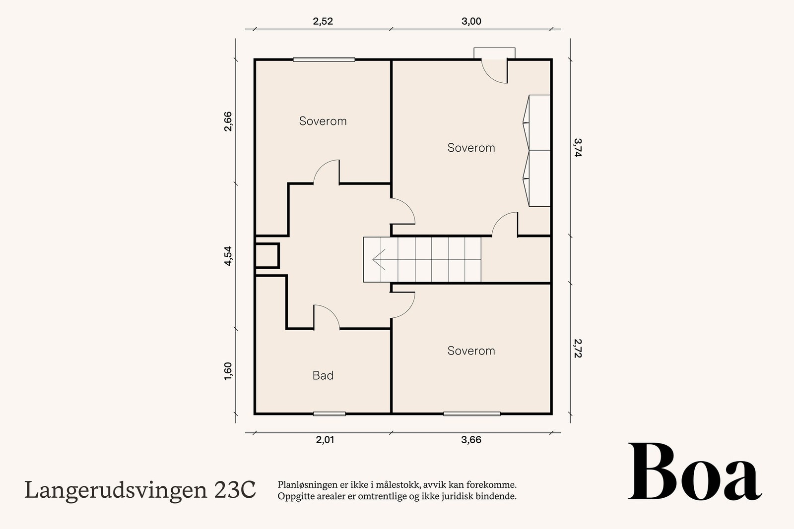 2.etasje: Trappegang, bad og 3 soverom. Fransk balkong ved 1 soverom. Lagringsloft med romhøyde opp til 2,24 m under møne og 1,88 m under hanebjelker, som ligger med åpning på 70 cm imellom. Galleribilde