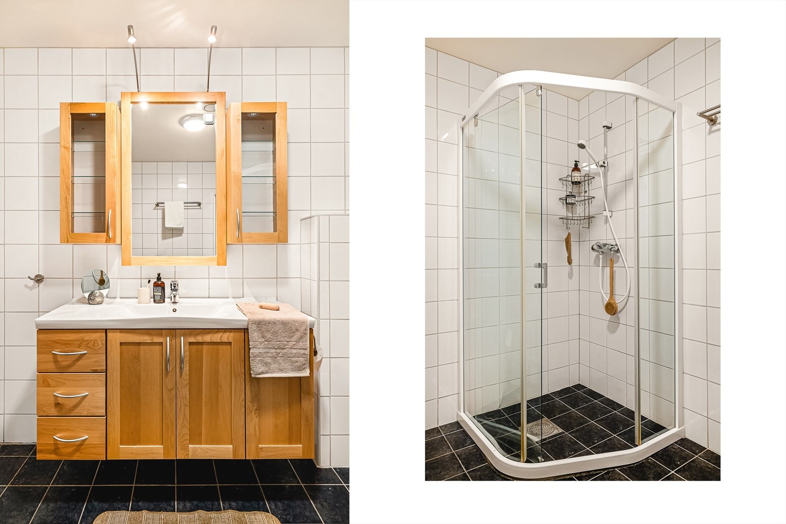 Her finner du en pen baderomsinnredning i heltre med heldekkende servant, overskap med glassdører, og vegghengt toalett. Galleribilde