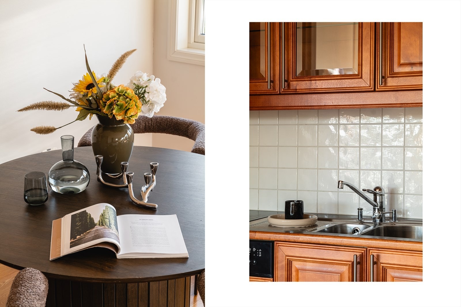 Delikate fliser mellom benkeplate og overskap, rikelig skapplass og gode arbeidsflater gjør kjøkkenet både funksjonelt og innbydende. Galleribilde