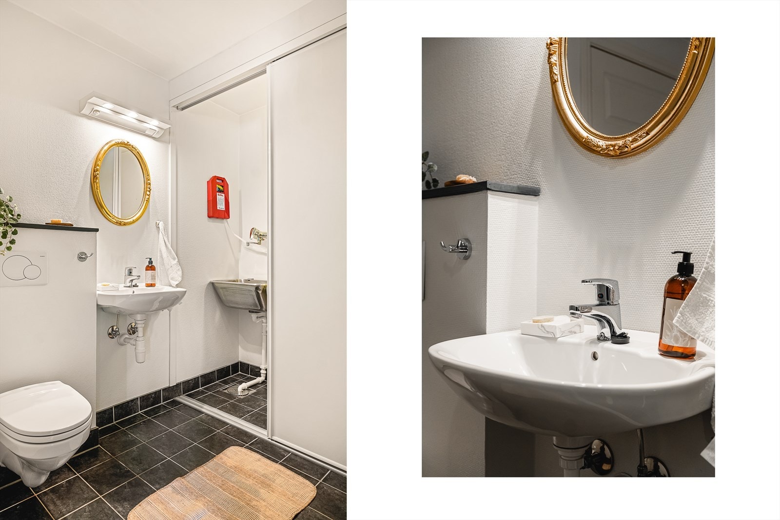 Leiligheten har et praktisk vaskerom kombinert med gjestetoalett. God løsning med opplegg for vaskemaskin, kondenstørketrommel og utslagsvask bak skyvedører. Galleribilde