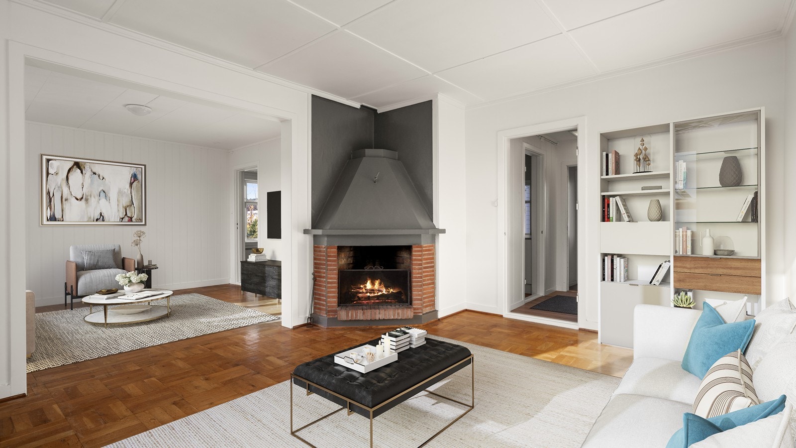 I leiligheten i 1.etg. er det en vakker peis - bildet er digitalt innredet Galleribilde