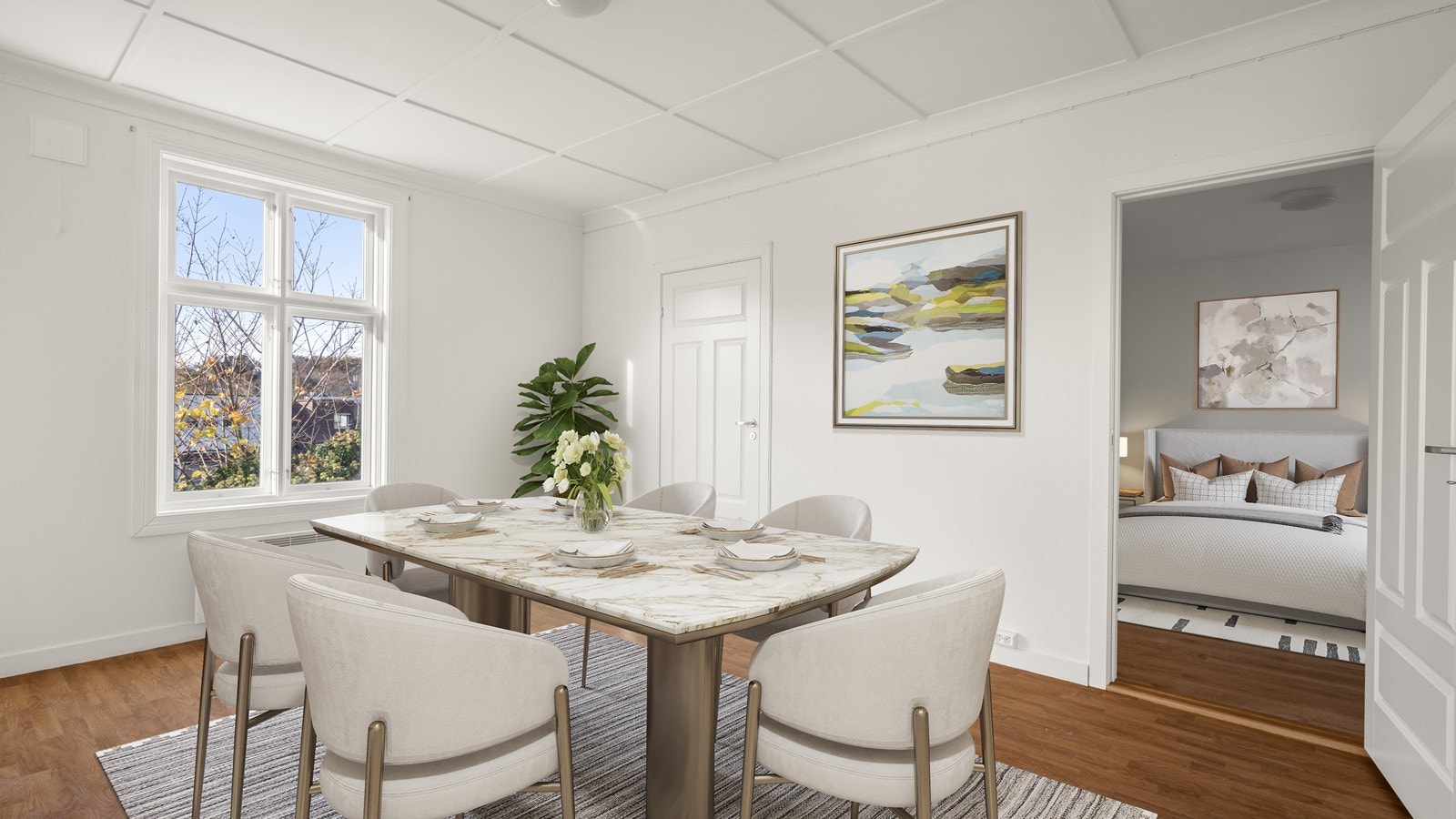 Stue i leilighet i 1.etg med inngang til bad og soverom - digitalt innredet Galleribilde