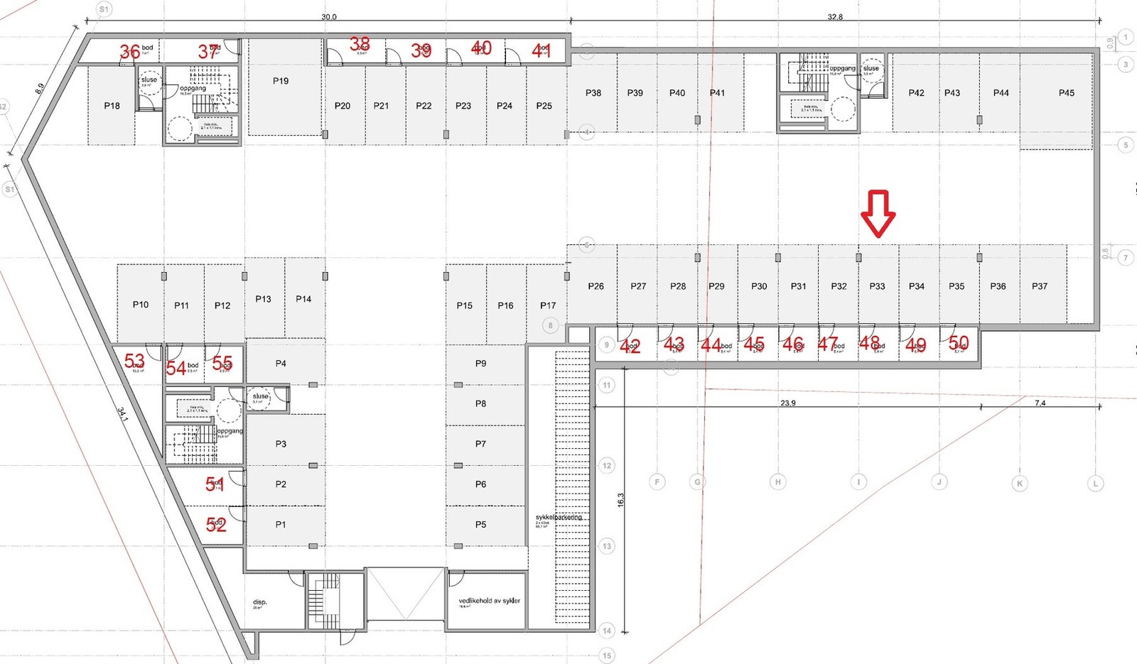 Parkeringsplass nr. 33 tilhører leiligheten. Galleribilde