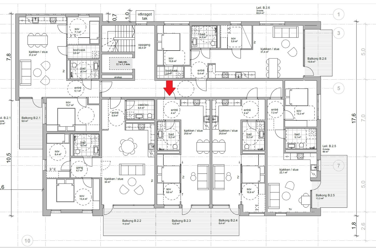 Her ser du plantegningen av leilighetens plassering i blokkens 2. etasje. Galleribilde